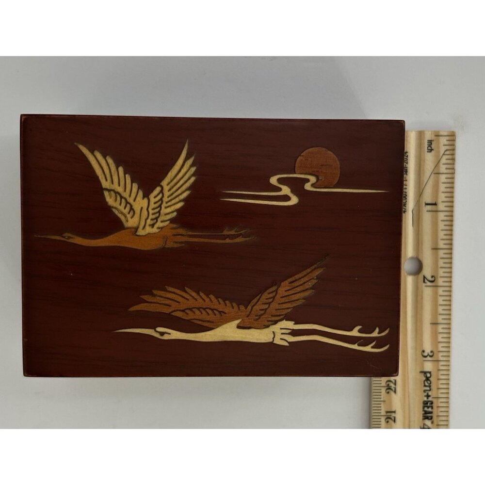 Vintage Wooden Keepsake Box Inlaid Cranes Playing Cards Trinkets Jewelry 4" x 3" - Picture 7 of 8